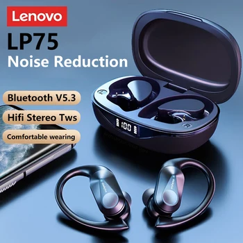Auriculares Lenovo LP75 TWS Bluetooth 5.3 negros con gancho para la oreja y pantalla LED de batería